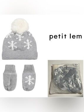 🆕PETIT LEM - 12/24M - NWT - INFANT KNIT GREY / WHITE SNOWFLAKE HAT & MITTENS SET